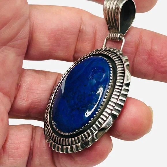 Signed Begay Large Sterling Lapis Native American Pendant - Picture 2 of 6